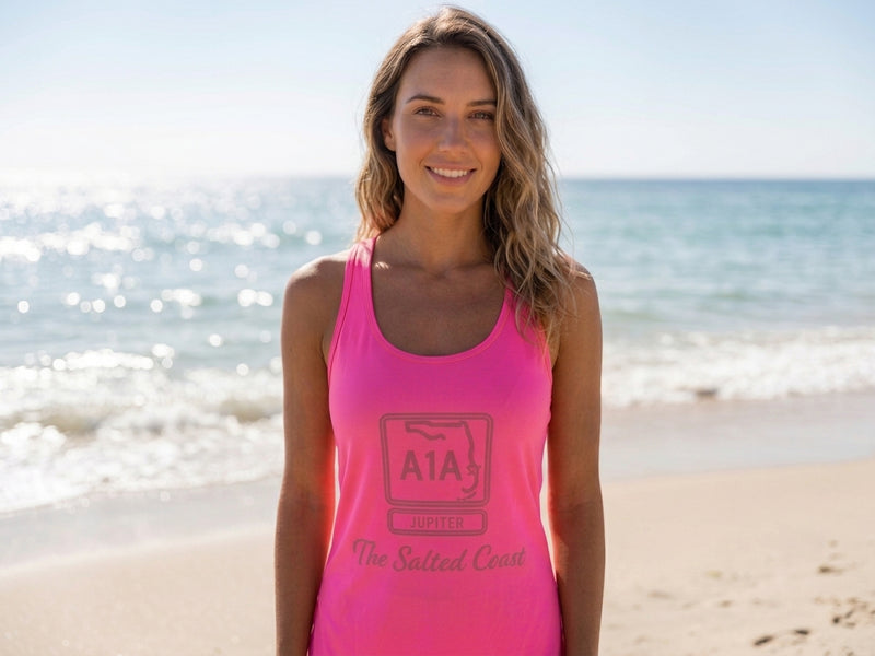 Jupiter Women’s Racerback Hot Pink Tank Top - Dusty Rose Logo
